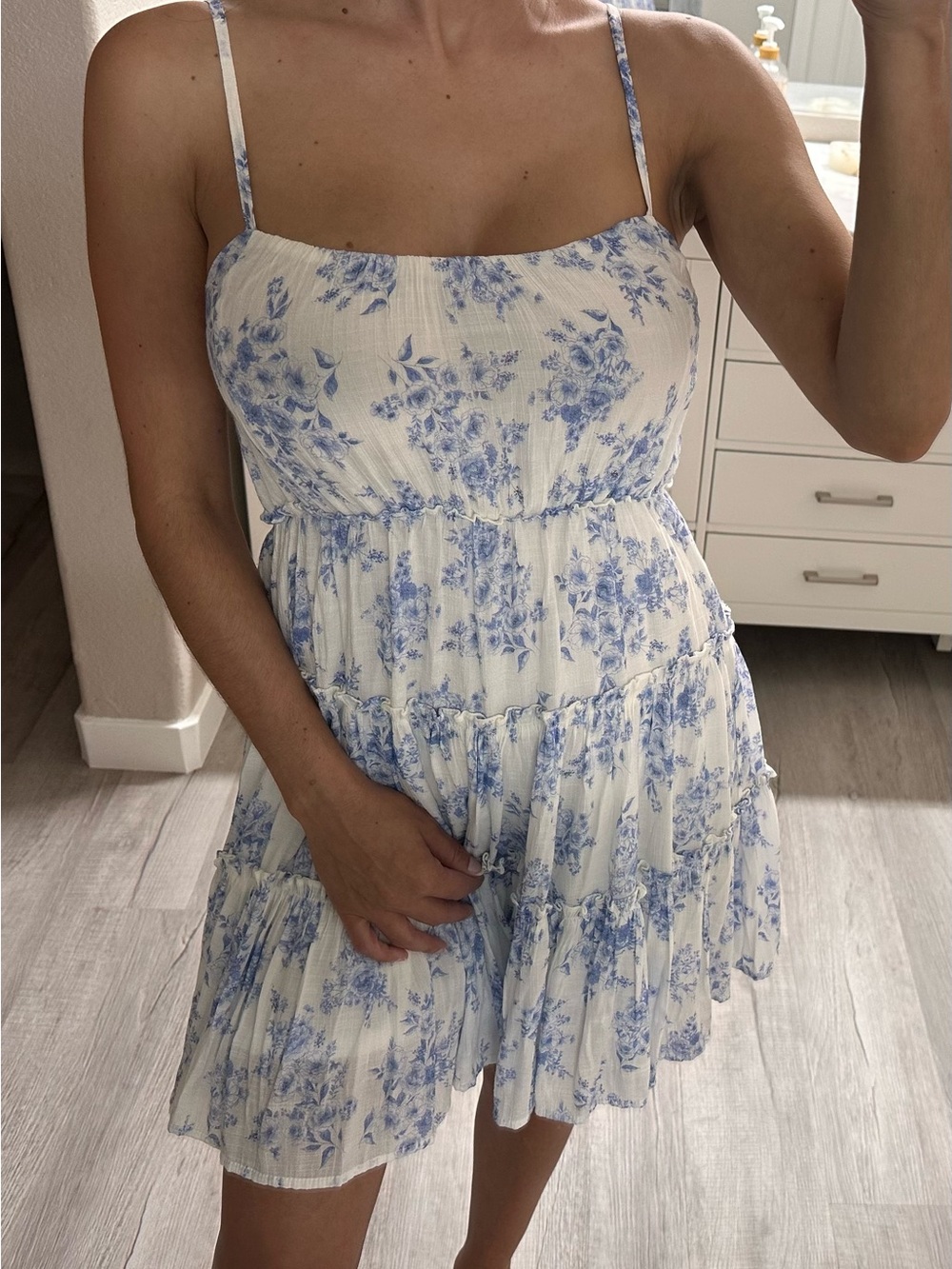 mine White Mini Dress with Blue Floral Print